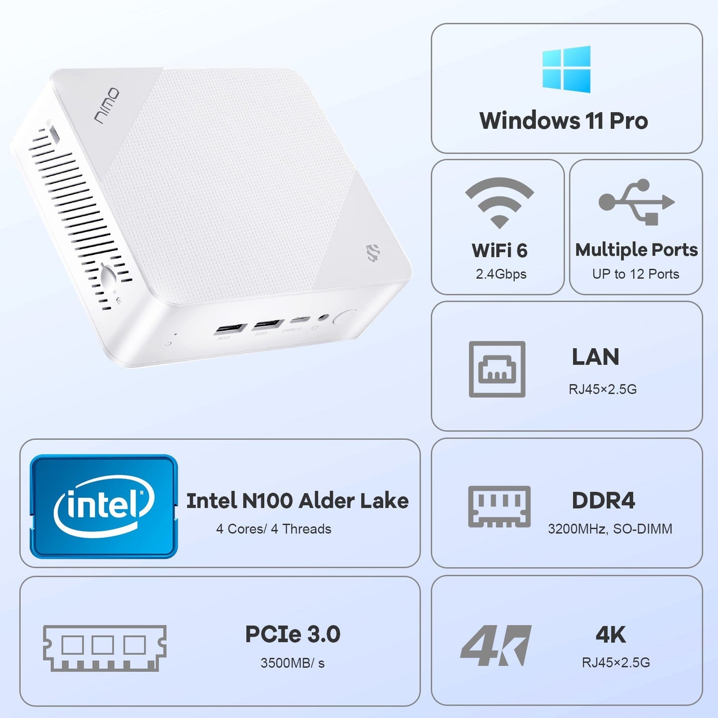 HESVAP Minipc DNB20 (In Macaron) Intel N100 Processor for Home and School - 4GB - 128GB - White