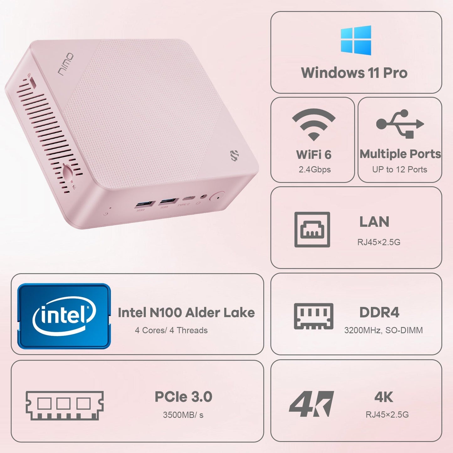 HESVAP Minipc DNB20 (In Macaron) Intel N100 Processor for Home and School - 8GB - 512GB - Pink