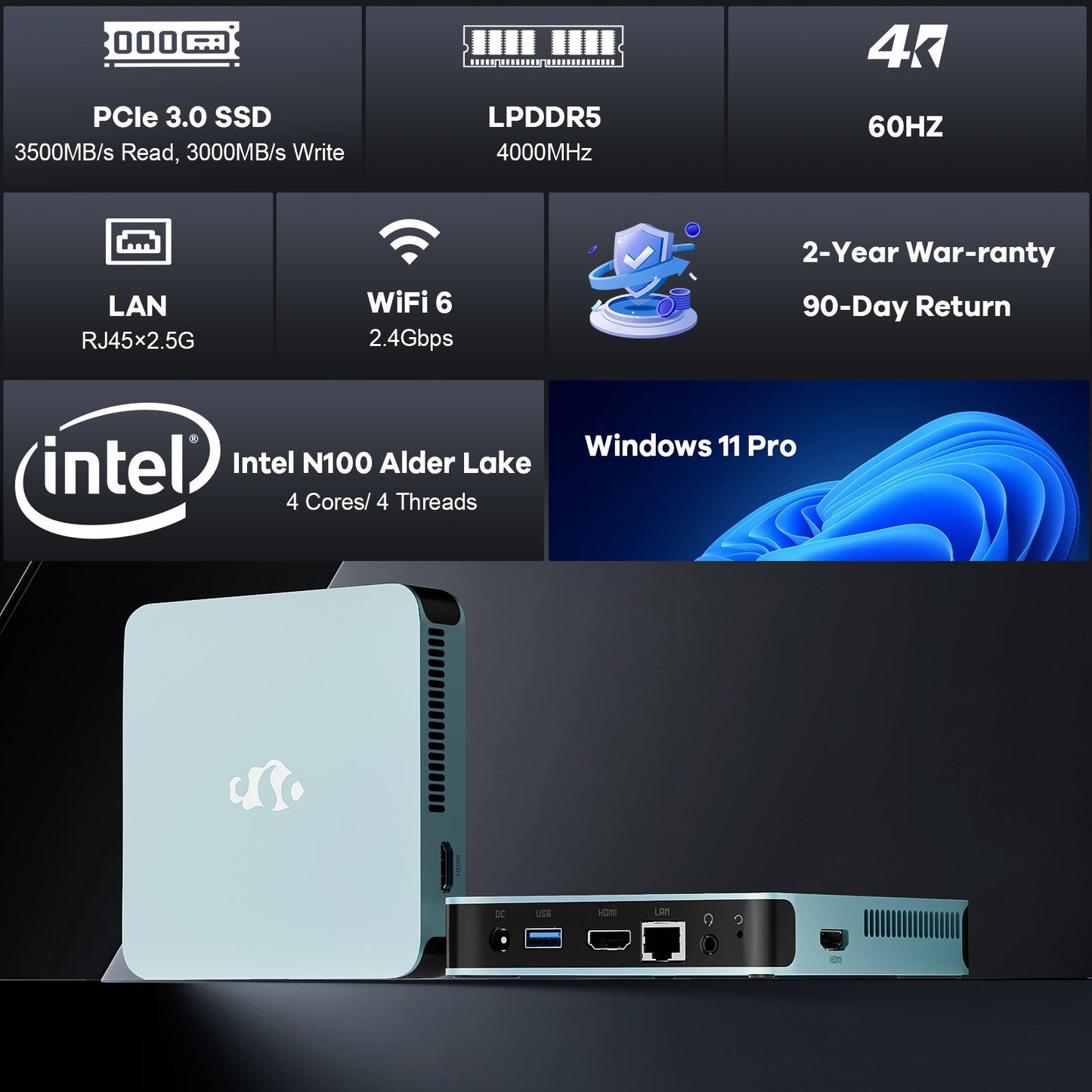 HESVAP Minipc DNB1 (In Metal) Intel N100 Processor for Home and School 16GB - 512GB - Blue