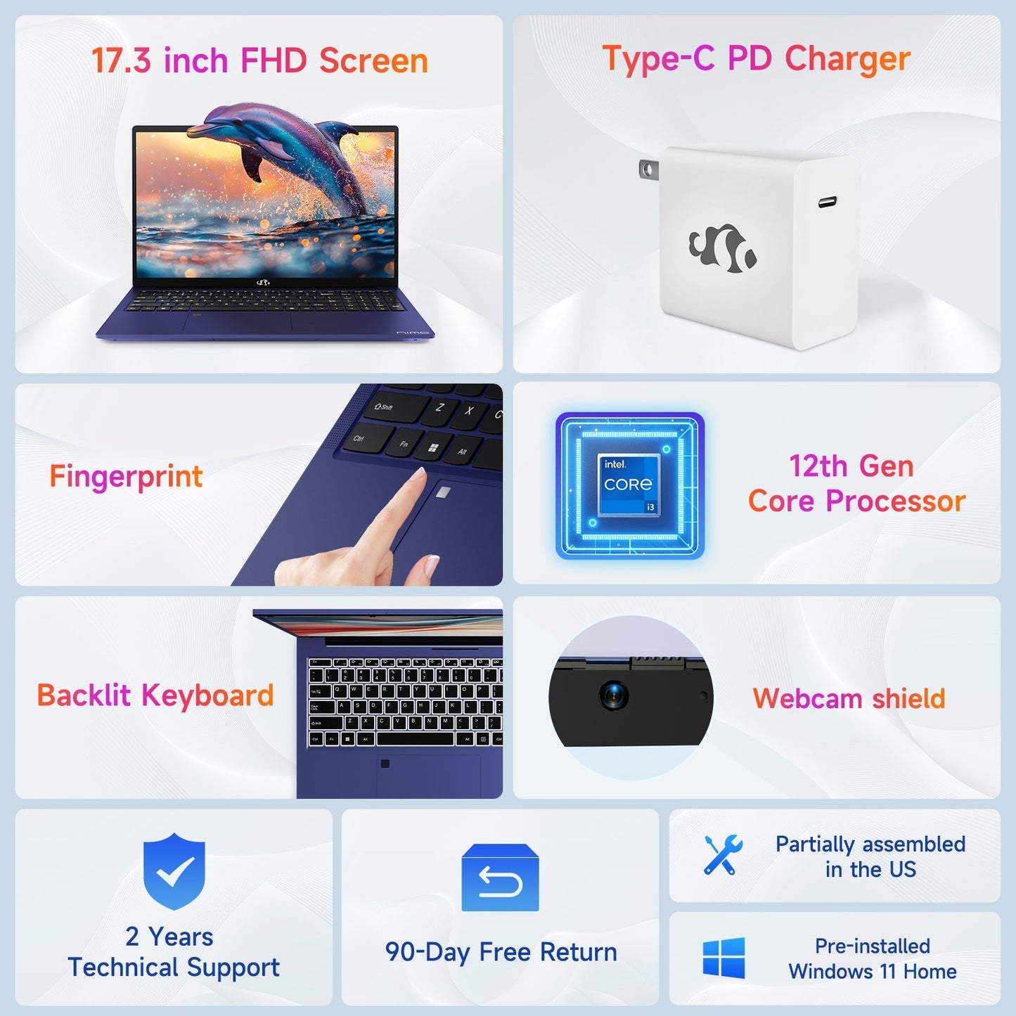 HESVAP 17.3 FHD N171 I3-1215U Laptop for Student and Business-32GB-Blue-1TB